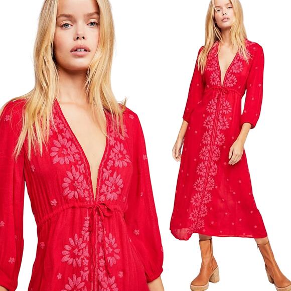 Free People Embroidered Fable Midi Dress Empire Waist V Neck Ruby